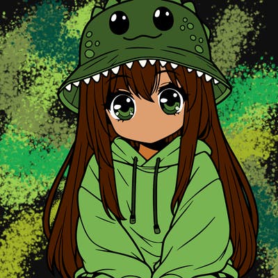 girl with anime shaped eyes with a dinosaur bucket hat oversized sweatshirt long straight hair