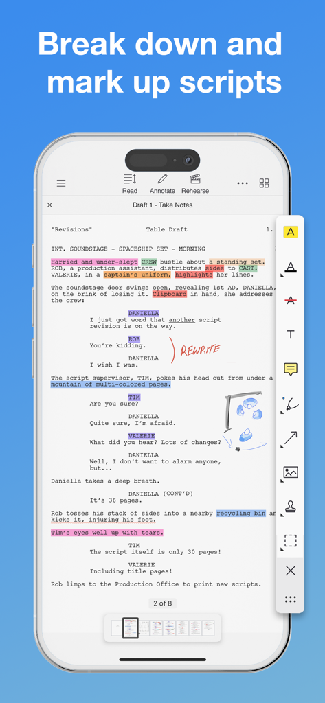 Scriptation: PDF for Film & TV - iPhone screen showing the Scriptation app interface with a script being annotated with highlights and handwritten notes