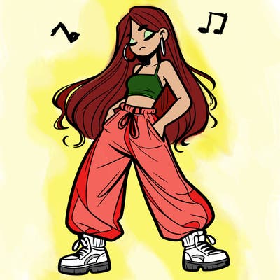 girl in baggy pants crop top and long hair