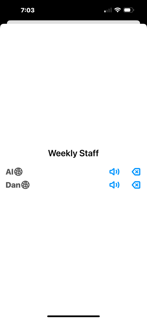 Whisper - talk without voice - A screenshot of the Whisper app showing the participant list for a conversation titled Weekly Staff including users Al and Dan.