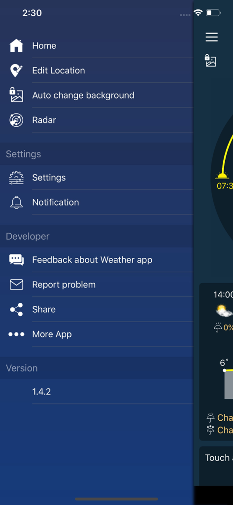 The navigation sidebar of the Weather Forecast Pro app showing menu options like Radar and Settings