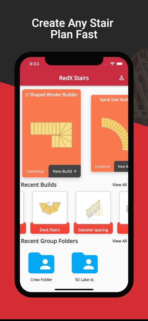 RedX Stairs - 3D Calculator - Interface of the RedX Stairs app displaying calculation tools for U shaped and spiral stair designs