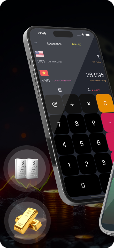 Giá Vàng VN - Mobile interface showing USD to VND currency conversion and gold bar icons for price tracking