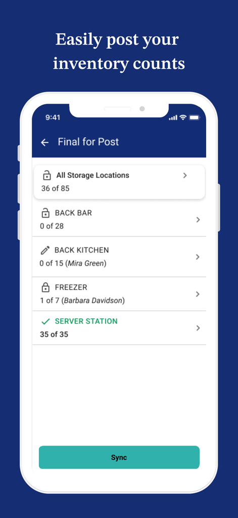 Crunchtime Inventory - Mobile app interface of Crunchtime Inventory showing status of inventory counts for restaurant storage locations with a sync button.