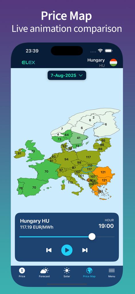 A screenshot of the ELEX app displaying a color-coded heat map of electricity spot prices across Europe