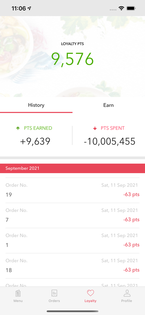 Roll’d Vietnamese - Saldo de puntos de lealtad e historial de transacciones en la aplicación Rolld Vietnamese