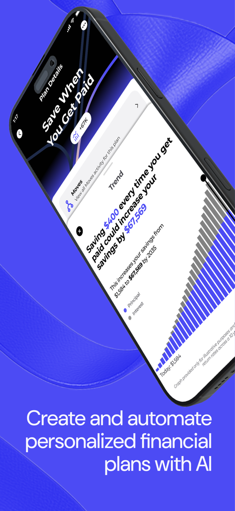 Piere: Budget, Save, Plan - Piere app interface displaying an automated savings plan with a growth chart.