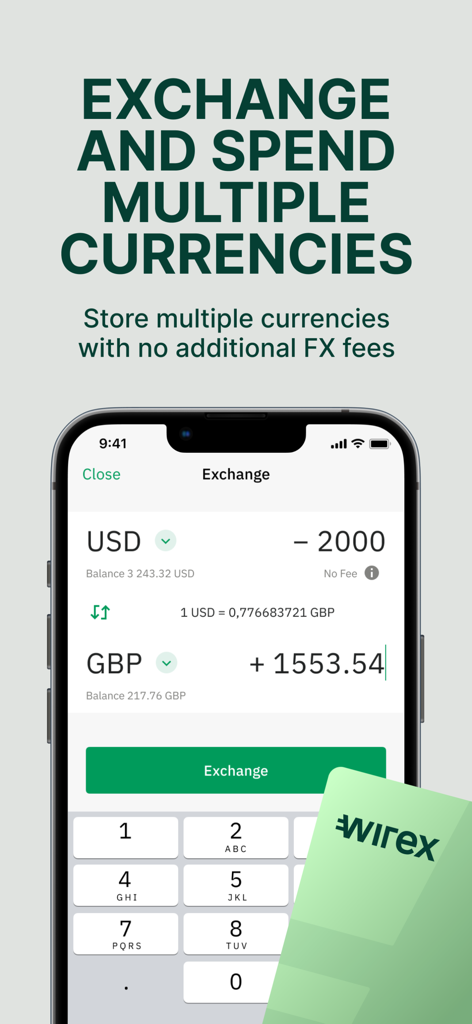 Wirex: All-In-One Trading App - Wirex app exchange screen showing USD to GBP conversion with no fees