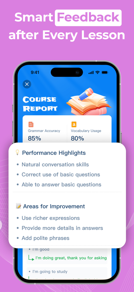 Talkora：Fun Language Learning - Talkora app course report showing grammar accuracy scores and personalized performance feedback highlights.