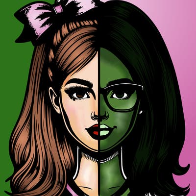 realistic split half popular cheerleader with half a nerd with glasses that is a girl