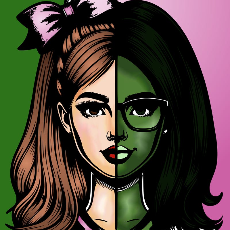 realistic split half popular cheerleader with half a nerd with glasses that is a girl