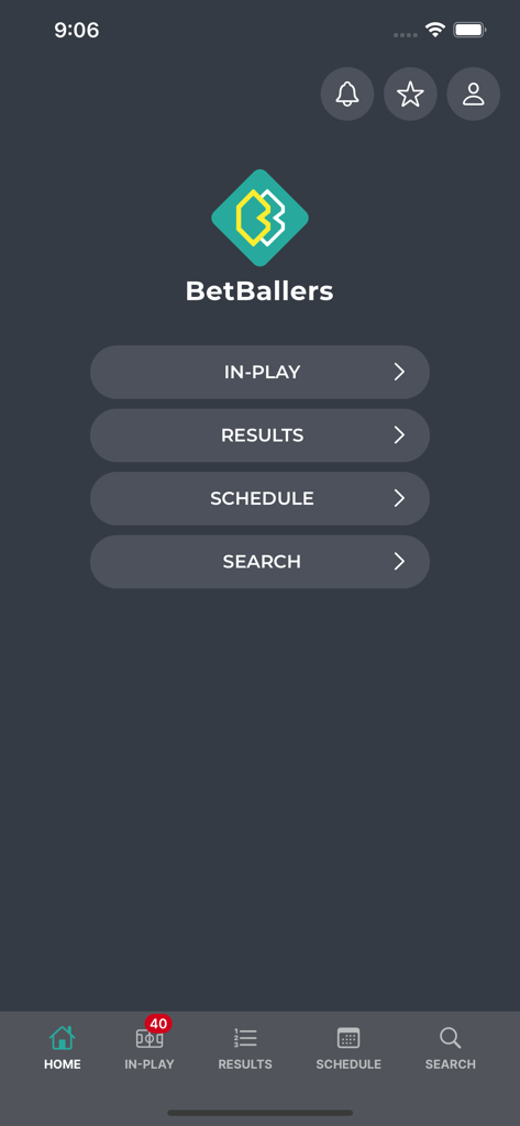BetBallers - BetBallers mobile app home screen showing navigation menu for in-play scores results and schedules