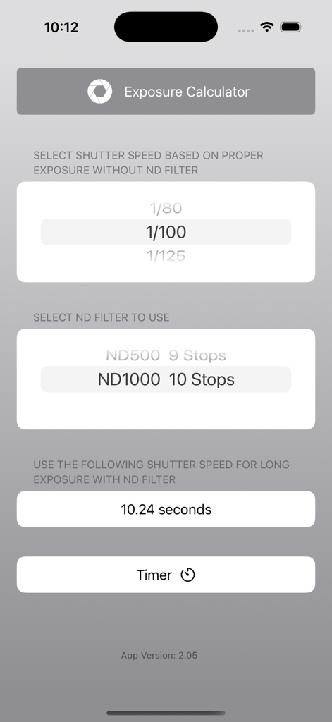 Exposure Calculator - Mobile app screen showing a shutter speed calculation for a 10 stop ND filter