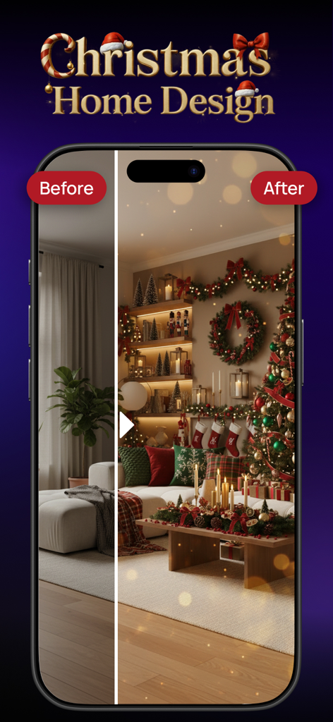 Before and after comparison of a festive Christmas living room design created with Hexa AI