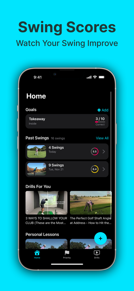 Sparrow Golf app home screen displaying swing scores and personalized drills