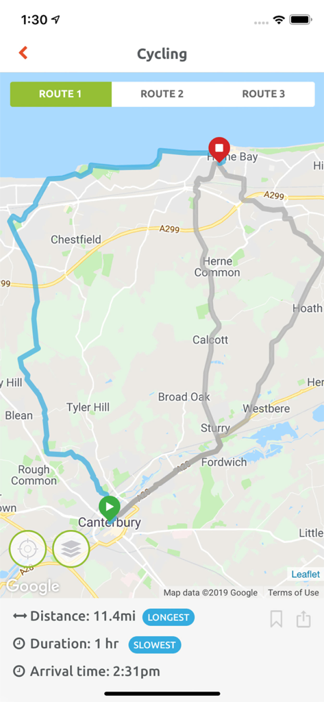 Kent Connected - Kent Connected App-Oberfläche, die eine Radroute von Canterbury nach Herne Bay mit Entfernungs- und Zeitangaben zeigt