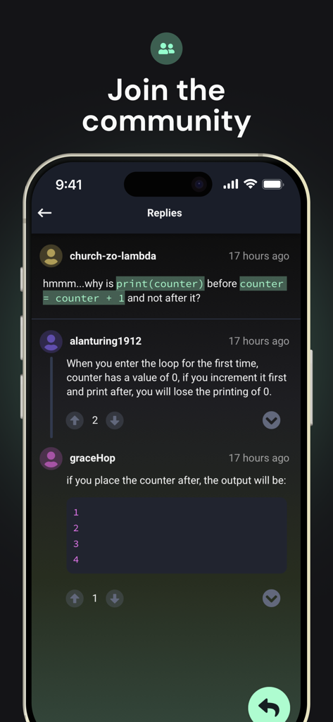 Screenshot of the Enki app community interface showing a discussion thread where users help each other solve a programming problem.
