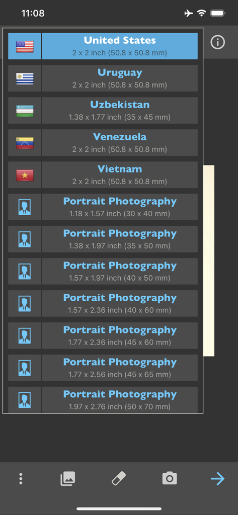Lista de modelos de fotos para passaporte e identidade para diferentes países, incluindo os Estados Unidos e vários tamanhos de retrato
