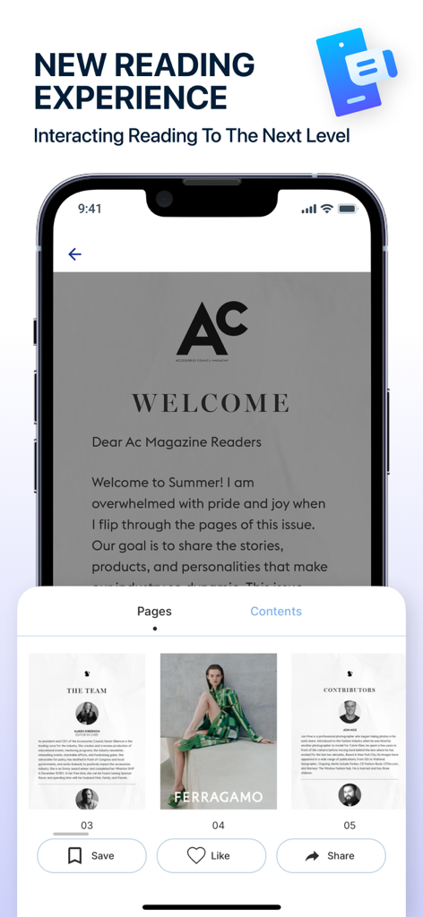 Aplicativo WorldPlus mostrando um layout de revista digital interativo em um iPhone