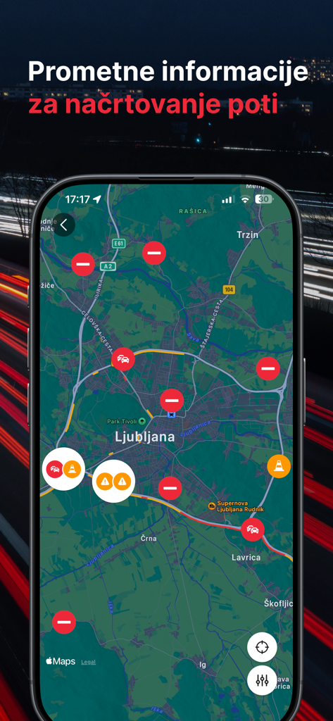 Ein Handybildschirm mit der DRAJV-App und einer Live-Verkehrskarte mit Straßensperrungen und Incident-Icons in Ljubljana.