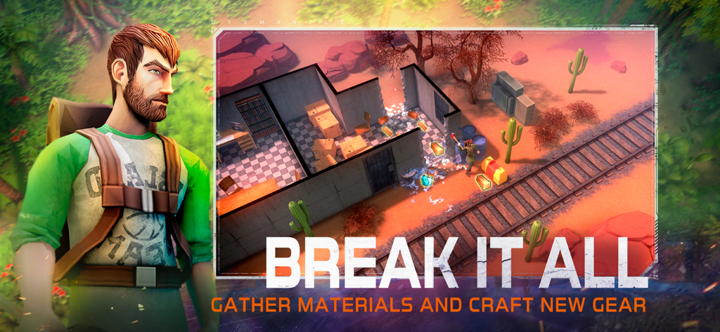 A gameplay screenshot of the game DYSMANTLE featuring a character destroying a building wall to gather materials in a desert setting.