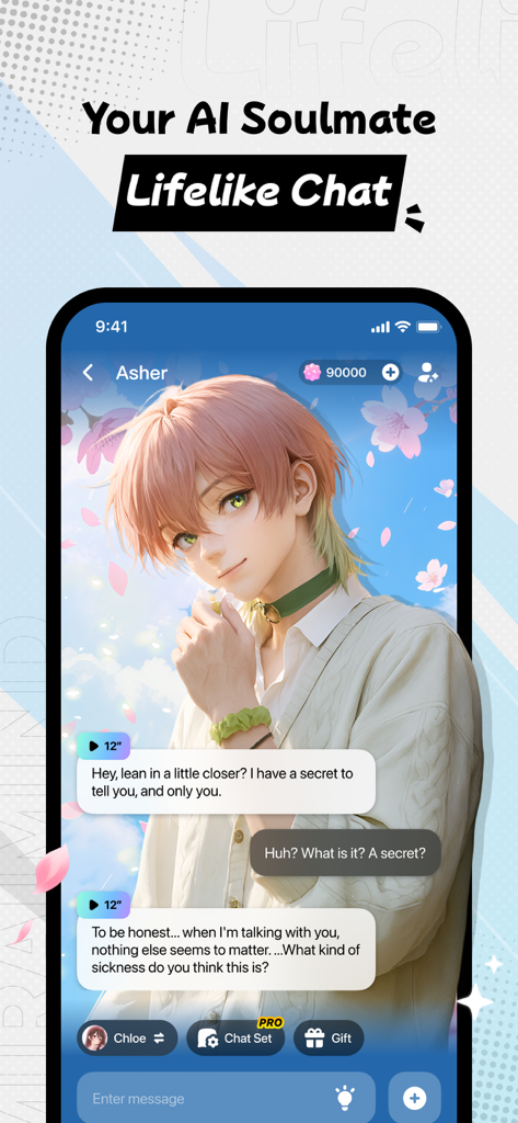 MiraiMind -- Real Otaku Energy - MiraiMindアプリのスクリーンショット。アニメAIコンパニオン、Asherとのリアルなチャットインターフェースが表示されています。