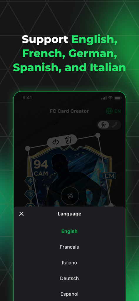 Language selection menu in the FUT 26 Card Creator app showing support for English French German Spanish and Italian