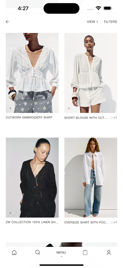 Zara SHWRM - Interface móvel do aplicativo Zara SHWRM exibindo um catálogo de itens de moda para profissionais