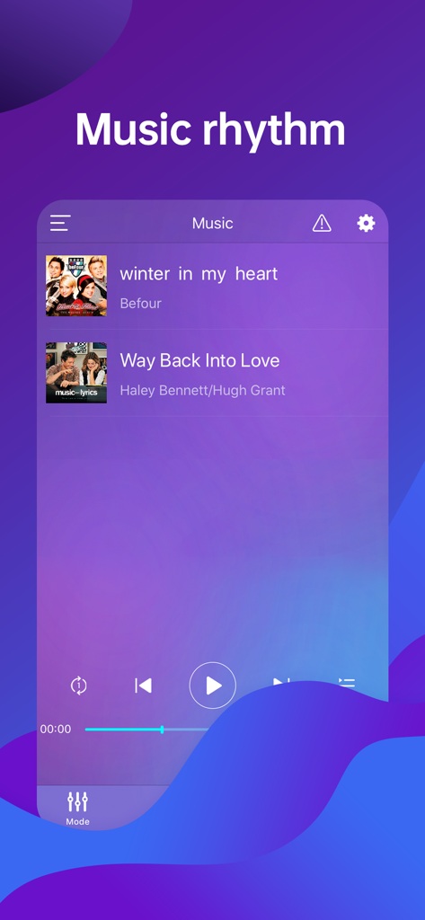 MagicStrip app screen showing the music rhythm mode with a list of songs and playback controls for LED light synchronization.