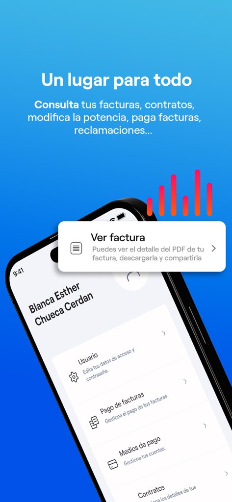 Endesa Clientes, luz y gas - Interface of the Endesa Clientes app showing billing and contract management options.