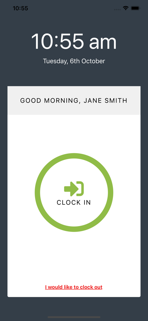 Gig Grafter Punch Clock - Gig Grafter Punch Clock mobile app interface showing a large green clock in button for employee Jane Smith