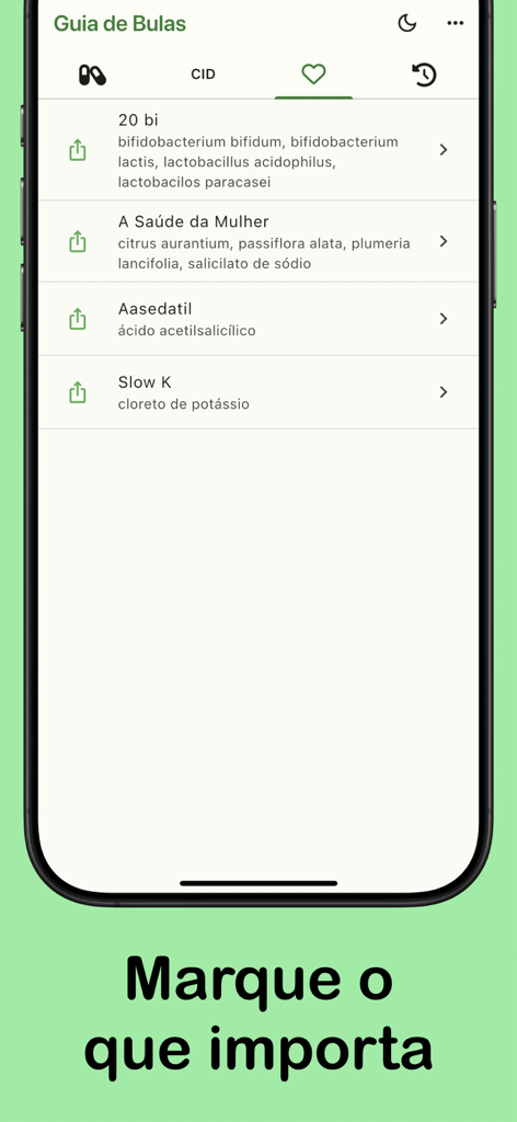 Guia de Bulas - Tela de favoritos do aplicativo Guia de Bulas listando medicamentos salvos
