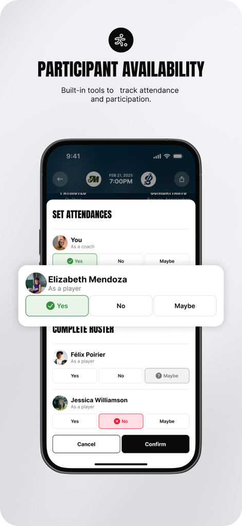 Spordle - Mobile screen of Spordle app showing participant availability and attendance tracking with yes no or maybe options for players