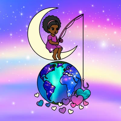 black girl sitting on the moon fishing rod dropping down into earth catching hearts as fish.