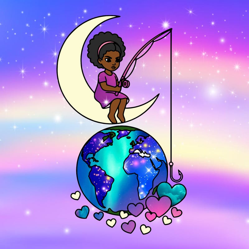 black girl sitting on the moon fishing rod dropping down into earth catching hearts as fish.