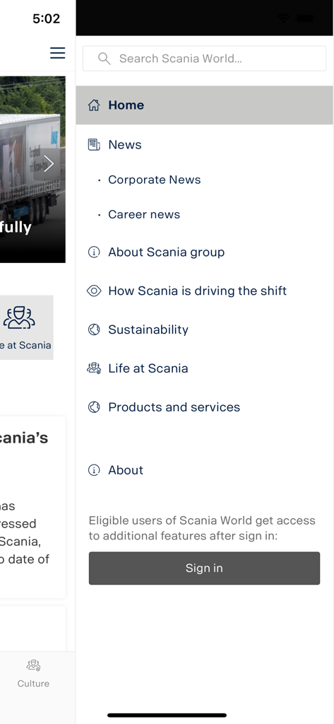 Scania World 앱의 측면 탐색 메뉴에 뉴스, 지속 가능성 및 경력 카테고리가 표시되고 있습니다.