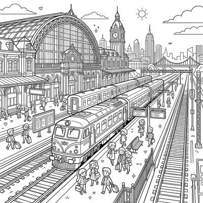 Embark on a creative journey with this detailed train station coloring page, featuring grand architecture, multiple trains, and lively passengers. Bring the bustling platforms and distant city skyline to life with your favorite colors.
