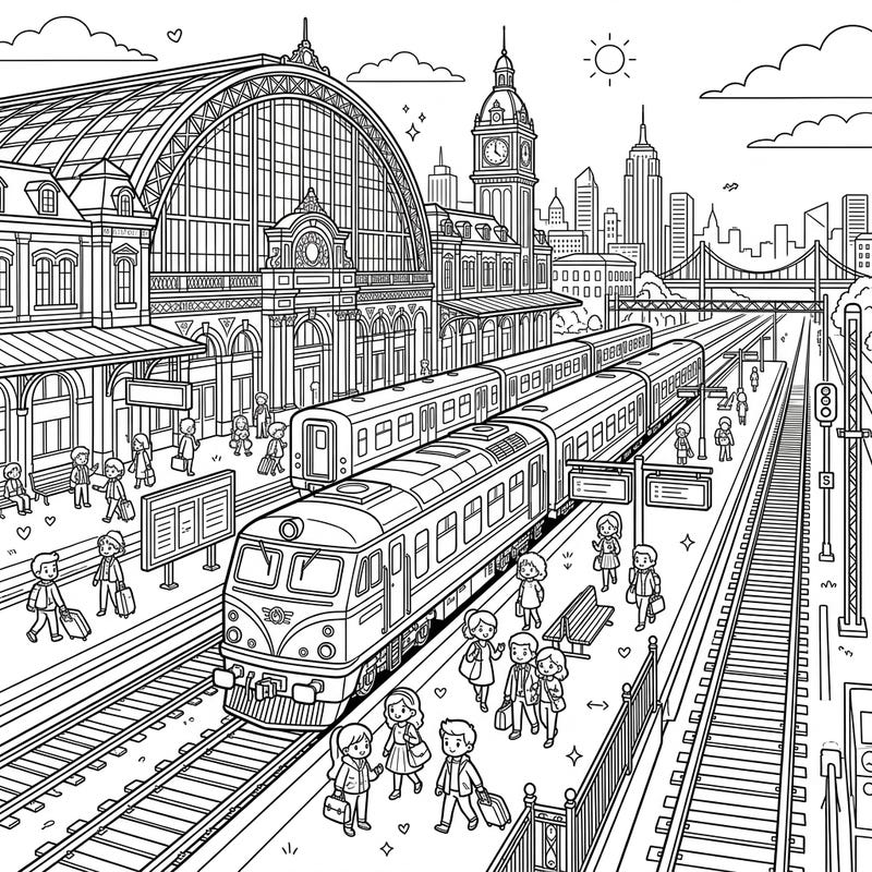 Embark on a creative journey with this detailed train station coloring page, featuring grand architecture, multiple trains, and lively passengers. Bring the bustling platforms and distant city skyline to life with your favorite colors.