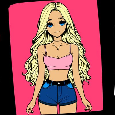 a realistic girl with long hair and in a crop top and shprts