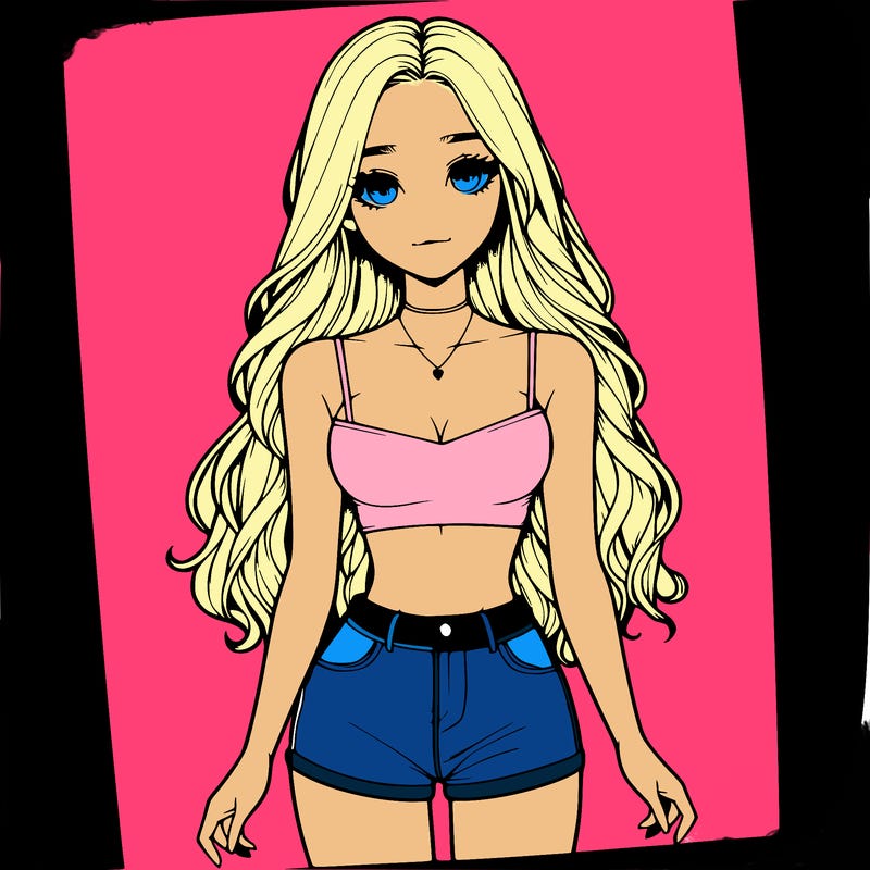 a realistic girl with long hair and in a crop top and shprts