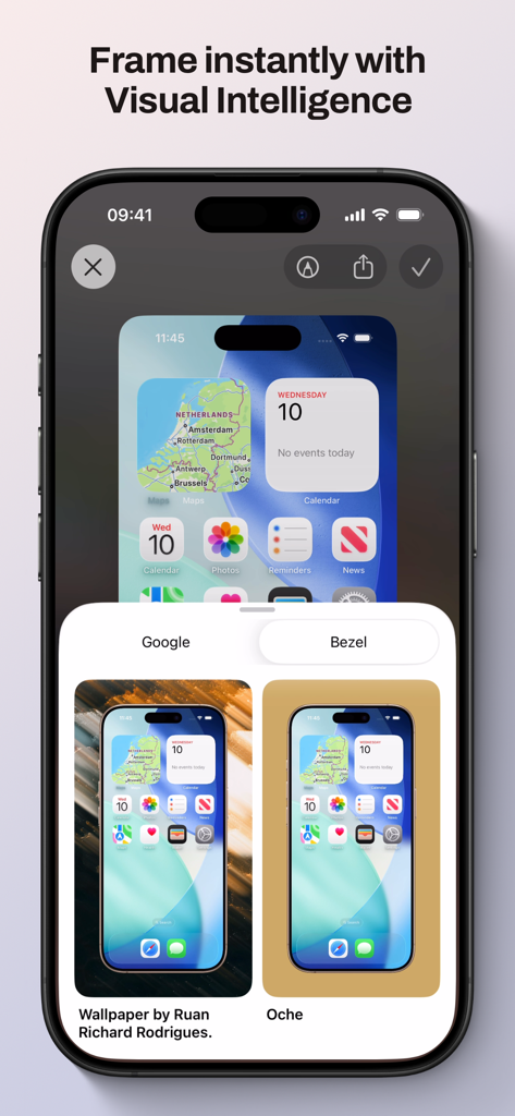 An iPhone screen showing the Bezel app using Visual Intelligence to instantly frame a screenshot with various background options.