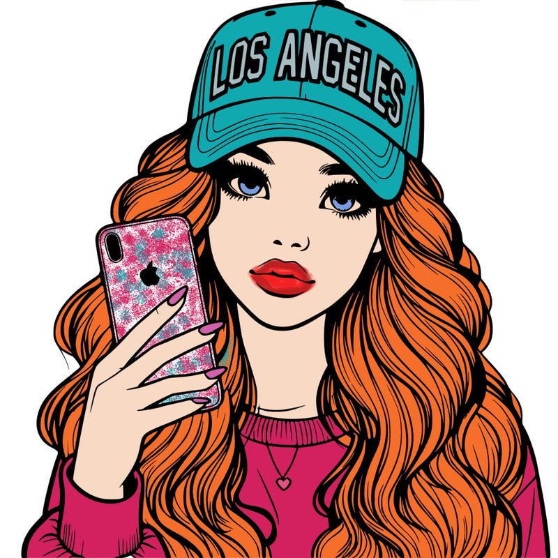 realistic beautiful girl wearing los ángeles cap holding an iphone