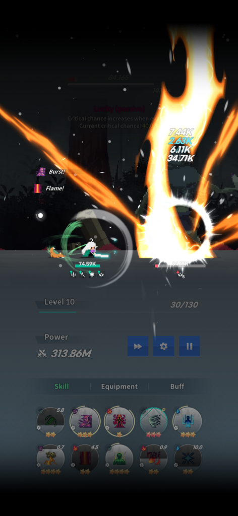 Tactical auto-battle gameplay in The Legend of Tartar showing fire skills and character ability icons