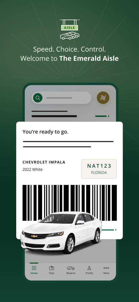Application National Car Rental montrant un pass virtuel Emerald Aisle avec un code-barres pour une Chevrolet Impala