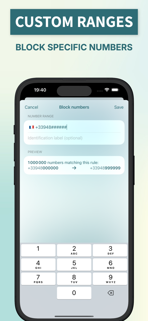 Pantalla que muestra cómo bloquear rangos específicos de números de teléfono en la aplicación AntiSpam