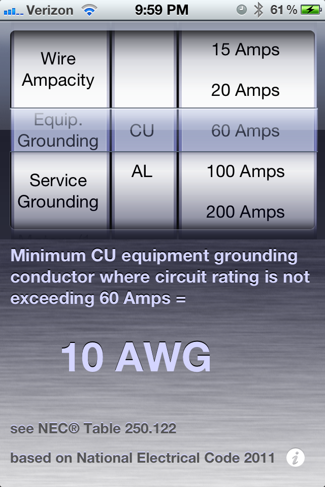 A NEC Quick Reference app interface showing grounding conductor requirements for 60 Amps