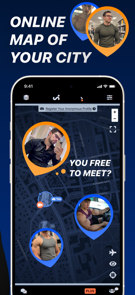 Sniffiеs-Daily Trio - Mobile app screenshot showing an online map of a city with user profiles and location pins for meeting up.