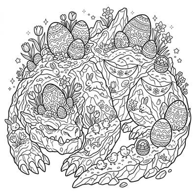 Discover a magnificent Island-Sized Beast transforming into a vibrant Easter wonderland, waiting for your creative touch. This unique coloring page blends mythical grandeur with the joyful spirit of spring, featuring bunnies, eggs, and blooming flowers.