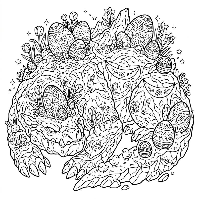 Discover a magnificent Island-Sized Beast transforming into a vibrant Easter wonderland, waiting for your creative touch. This unique coloring page blends mythical grandeur with the joyful spirit of spring, featuring bunnies, eggs, and blooming flowers.