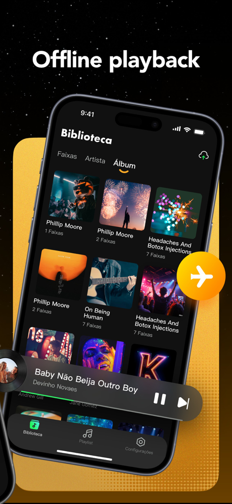 Offline Music Player & MP3 AAC - Offline Music Player app library screen showing music albums and airplane mode icon